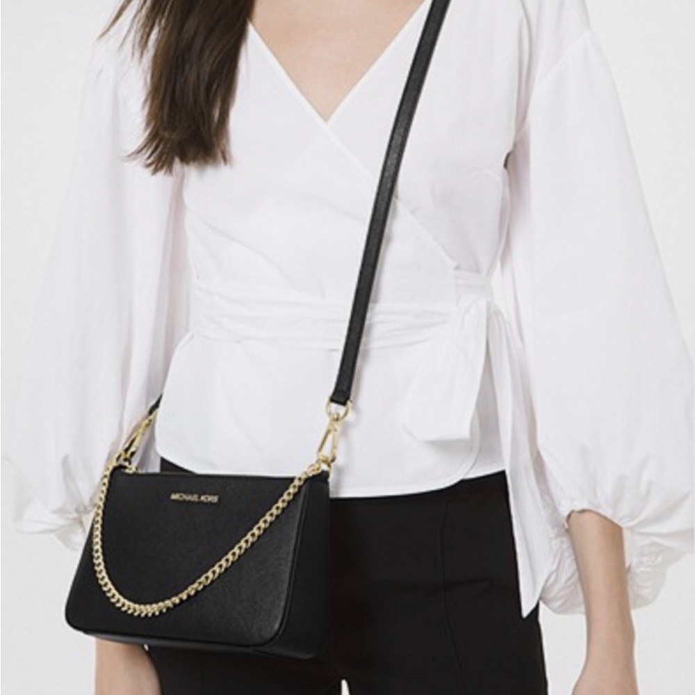 MICHAEL KORS Jet Set Medium Saffiano Leather Black Crossbody Gold Chain NWT